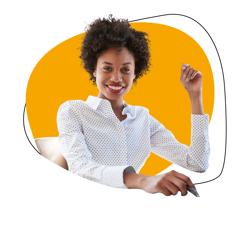 Smiling person in polka dot shirt against orange background