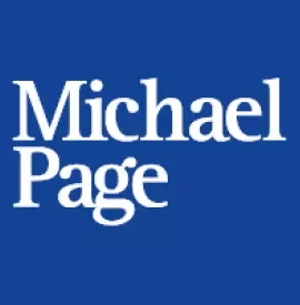 Logo with text 'Michael Page' in white on a blue background.