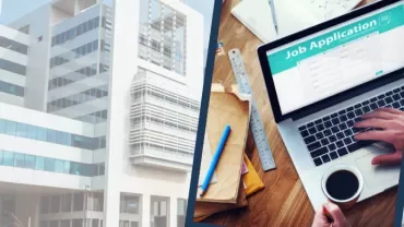Modern office buildings and a person filling out a job application on a laptop.