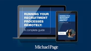 Guide on remote recruitment processes displayed on laptop and tablet.