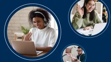People participating in a video call, smiling and waving.