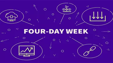 Illustration of a four-day workweek with various icons on a purple background.