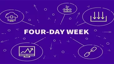 Illustration of a four-day workweek with various icons on a purple background.