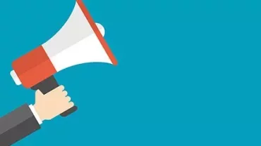 Illustration of a hand holding a megaphone on a blue background.