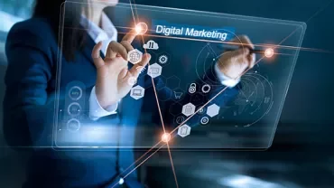 Personne interagissant avec un hologramme de marketing numérique.