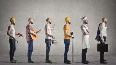 A person in various work outfits: construction, music, painting, fitness, cooking, and business.