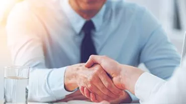 Two people shaking hands across a table in a sunlit office.