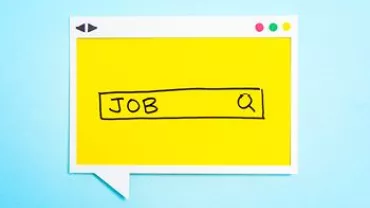 Yellow chat bubble with job search bar.