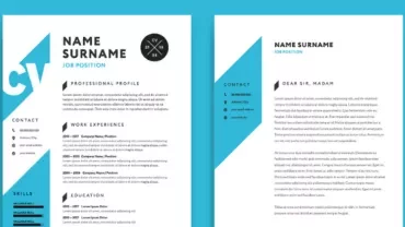 Modern CV template with contact info, work experience, skills, and education sections.