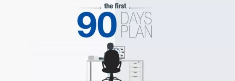 Illustration of the first 90 days plan with a person at a desk.