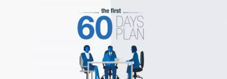 Illustration of three people at a table with 'The First 60 Days Plan' text.