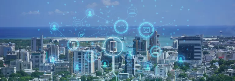 City skyline with digital network overlay.