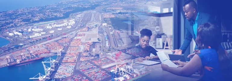 Aerial view of a busy port, overlaid with people discussing documents in an office.