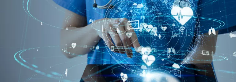 Person using tablet with digital health icons overlay.