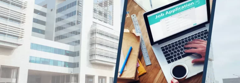 Modern office buildings and a person filling out a job application on a laptop.