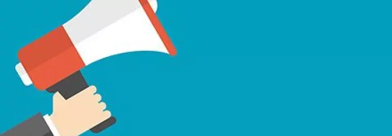 Illustration of a hand holding a megaphone on a blue background.