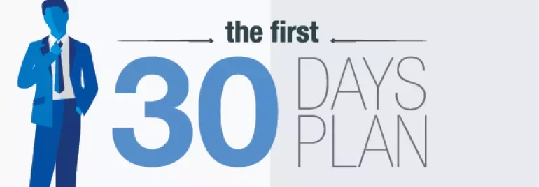 Illustration of a person with text: The First 30 Days Plan.