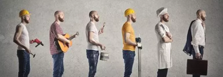 A person in various work outfits: construction, music, painting, fitness, cooking, and business.