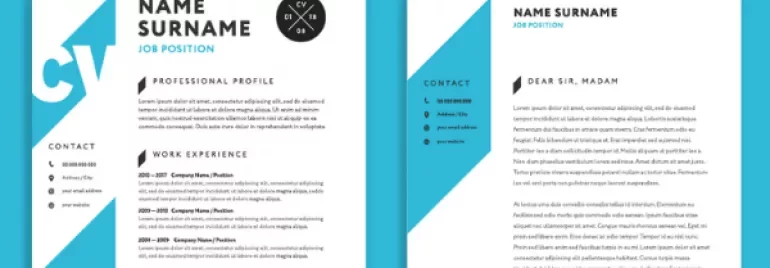 Modern CV template with contact info, work experience, skills, and education sections.