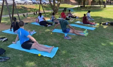 Group practicing yoga on mats in a park.