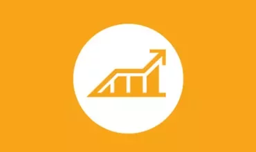 Icon of upward trending bar chart on orange background.