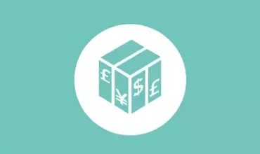 Package icon with currency symbols: dollar, pound, yen.