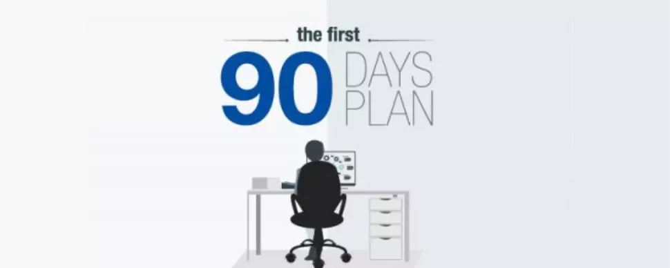 Illustration of the first 90 days plan with a person at a desk.