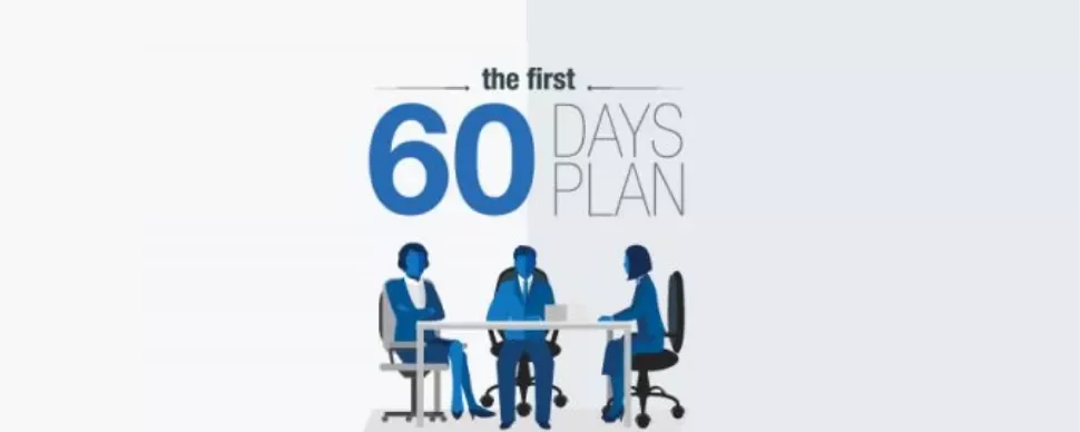Illustration of three people at a table with 'The First 60 Days Plan' text.