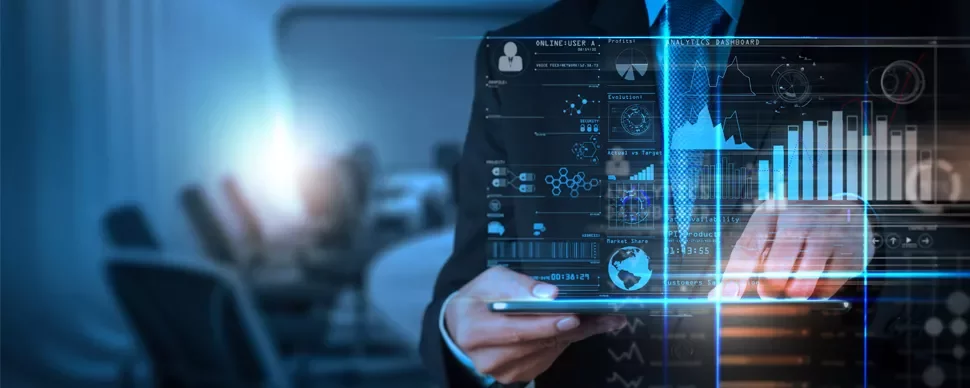 Person interacting with a futuristic digital dashboard overlay.
