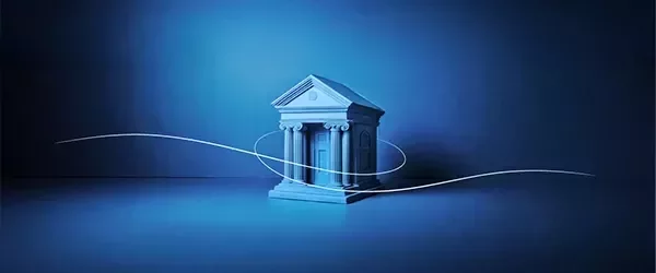 A banking icon with blue background.