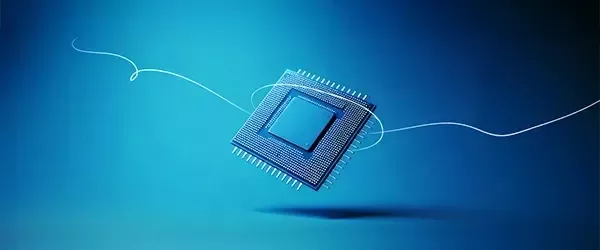 A computer chip with a blue background.