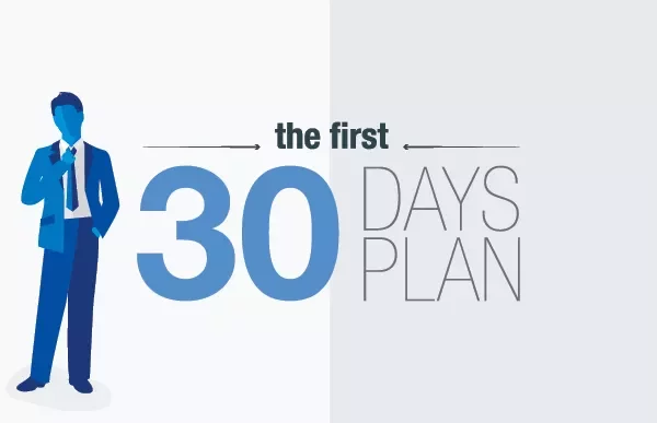 Illustration of a person with text: The First 30 Days Plan.