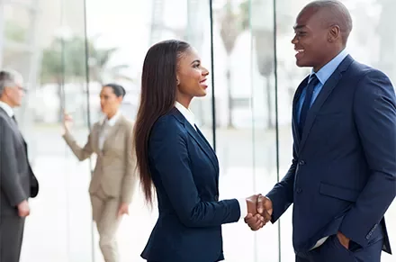 Two people shaking hands in a modern office setting.