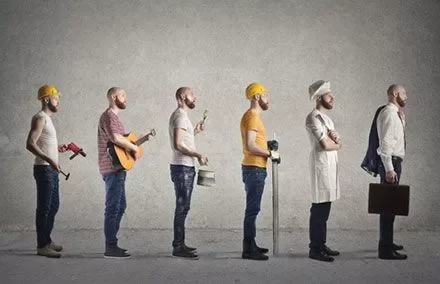 A person in various work outfits: construction, music, painting, fitness, cooking, and business.