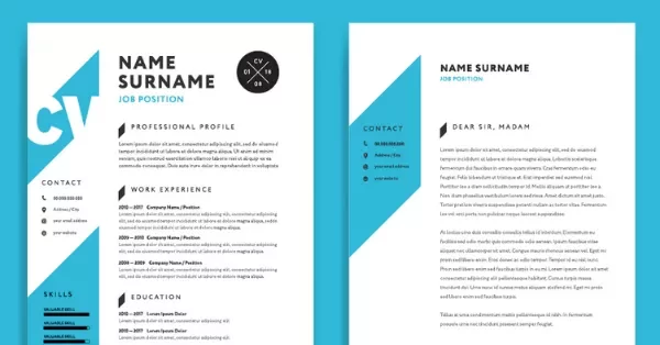 Modern CV template with contact info, work experience, skills, and education sections.